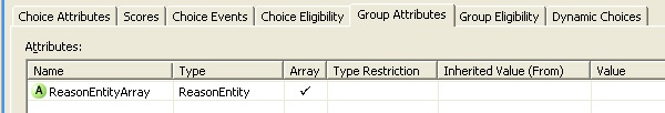 Reason choice group configuration, group attributes tab.