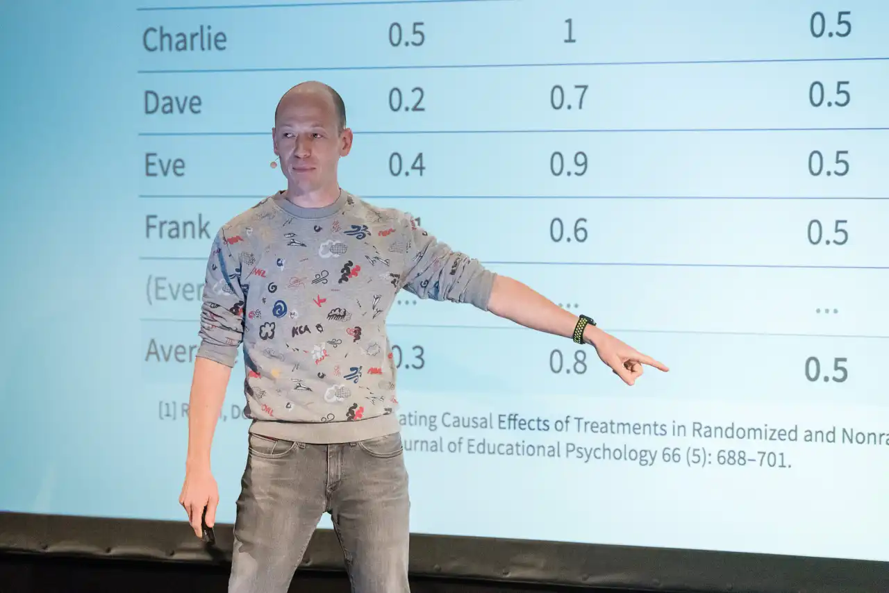 Lukas pointing at a slide showing a citation on stage at Predictive Analytics World in Berlin, 2017.