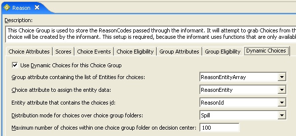 Reason choice group configuration, dynamic choices tab.