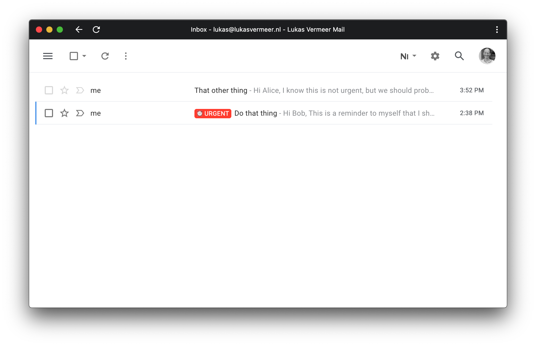 A screenshot of Gmail inbox showing two emails one of which is marked as urgent.