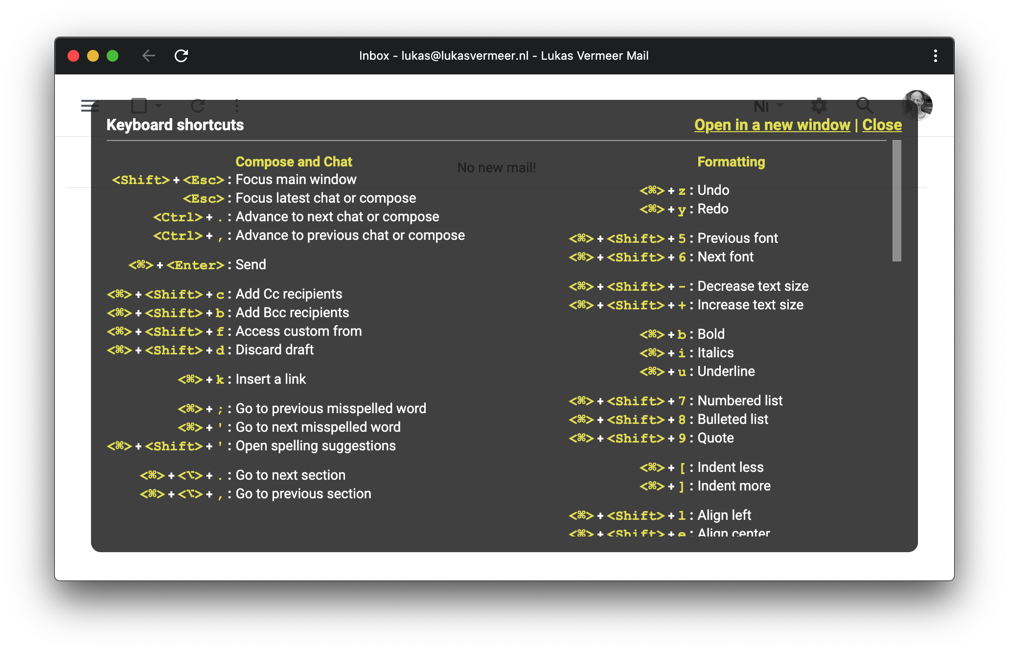 A screenshot of Gmail Keyboard shortcuts cheatsheet.