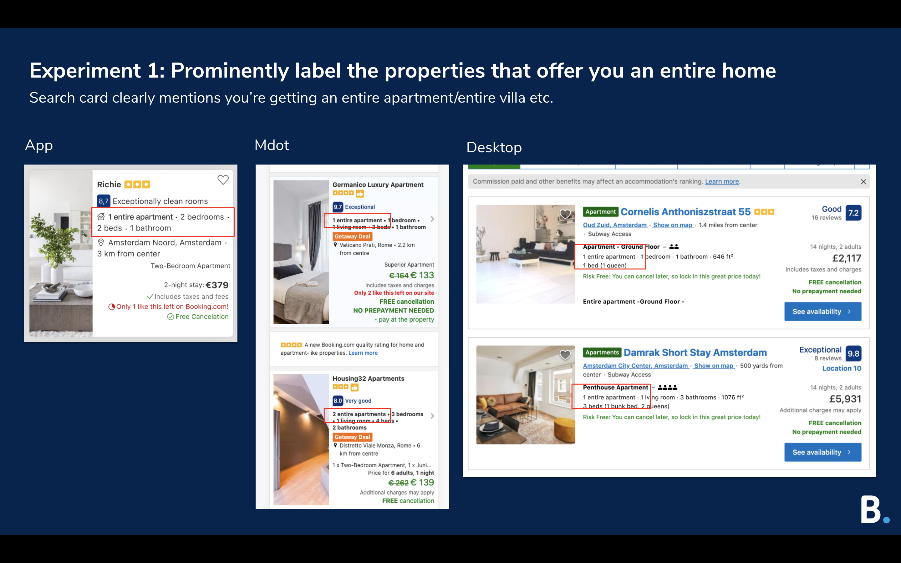 Experiment 1: Prominently label the properties that offer you an entire home