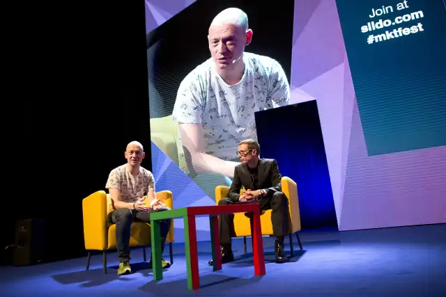 Lukas speaking in front of a crowd of thousands of people at Marketing Festival in Ostrava, 2016.