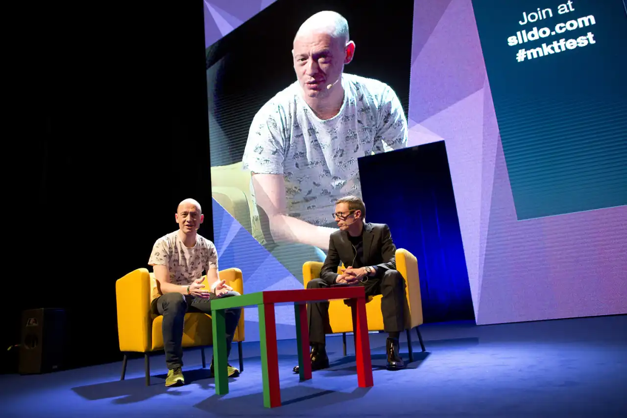 Lukas and Craig chatting on stage as part of a Q&A at Marketing Festival in Ostrava, 2016.