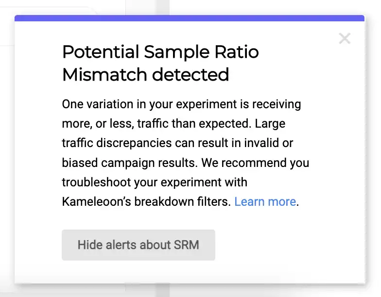 A screenshot of the Kameleoon interface flagging a potential SRM issue.