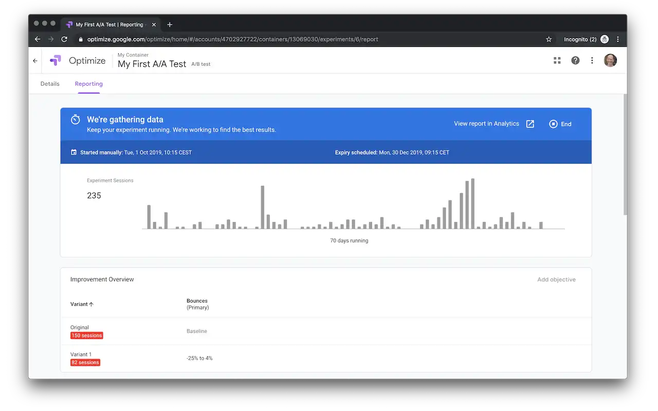 A screenshot of the Google Optimize interface showing the SRM Checker Extension flagging a potential SRM issue.