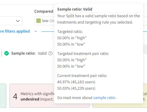 A screenshot of the Split.io interface flagging a potential SRM issue.